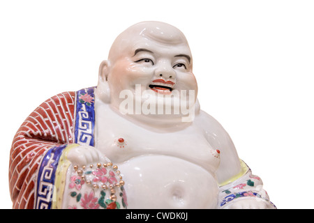 Ho Tai felice ridere Budda seduto porcellana figura isolata su sfondo bianco Closeup Foto Stock