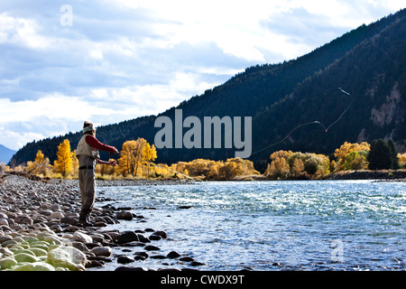 Un uomo atletico di Pesca a Mosca Report di Pesca sorge sulle rive di un fiume con i colori dell'autunno e le montagne nevose dietro di lui in Montana. Foto Stock