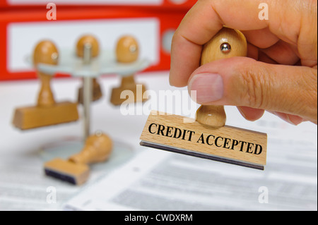 Timbro di gomma contrassegnati con - credit accettati - in mano sui documenti finanziari Foto Stock