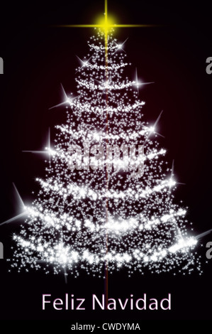 Illustrazione di un albero di Natale digital computer design illuminata con stelle e tinsel con sfondo nero e testo di saluti Foto Stock