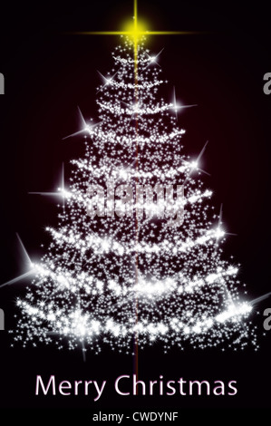 Illustrazione di un albero di Natale digital computer design illuminata con stelle e tinsel con sfondo nero e testo di saluti Foto Stock