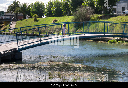 Piccolo bambino di cavalcare il suo scooter su un ponte attraverso Raupo Creek. Foto Stock