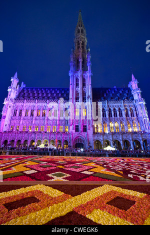 Spettacolo di luci sulla apertura di 2012 tappeto di fiori, Tapis de fleurs, di fronte al Municipio di La Grand-Place di Bruxelles Foto Stock