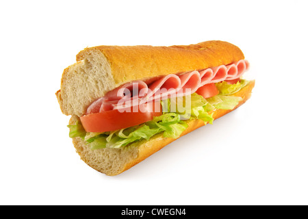 Un sandwich fatti in casa con uno dei più popolari di prosciutto ripieni di insalata, realizzata con un fresco cotto al forno pane francese baguette Foto Stock