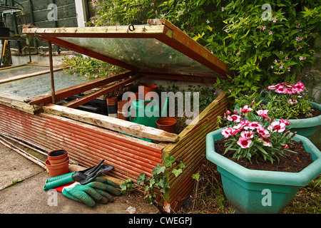 Giardinieri di telaio a freddo in giardino, utilizzati per proteggere le piantine dal gelo durante l'inverno Foto Stock