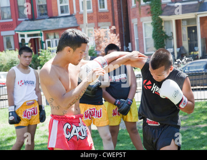 Un gruppo di giovani uomini e donne pratica all'aperto in un parco della città di Muay Thai boxing o arti marziali in Toronto;;Ontario Canada Foto Stock