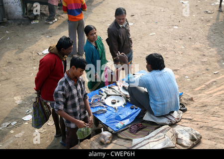 La vendita di un pesce sul mercato del pesce di inscatolamento, West Bengal, India il 17 gennaio 2009. Foto Stock