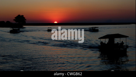 Barche di ritornare da un safari al tramonto, Chobe National Park, Botswana Foto Stock