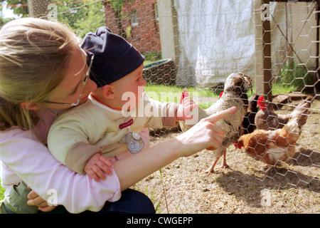 Neuhausen, giovane donna mostra Baby Huehnerstall Foto Stock