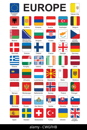 Set di pulsanti con le bandiere di Europa Foto Stock