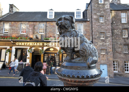 Greyfriars Bobby statua che si trova nella parte anteriore della barra candlemaker row Edimburgo, Scozia, Regno Unito Foto Stock