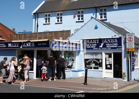 Mary Janes fish & chip shop e ristorante, Cromer, North Norfolk, Inghilterra, Regno Unito Foto Stock