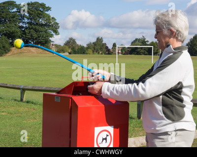 Donna di mettere un sacco di Dog Poo in cane bidone dei rifiuti dai campi di gioco in un ambiente urbano parco pubblico. Inghilterra, Regno Unito, Gran Bretagna. Foto Stock