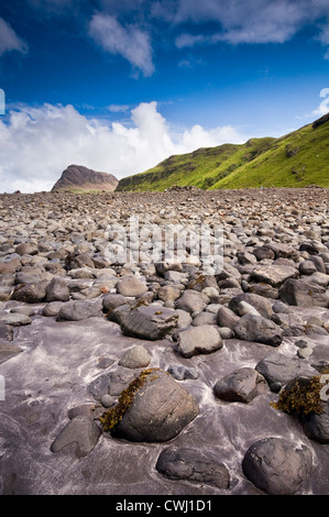 Vista panoramica delle rocce e spiaggia di sabbia nera a Talisker Bay sull'Isola di Skye in Scozia Foto Stock