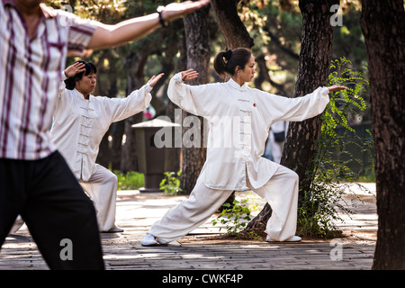 Il popolo cinese practice tai chi arti marziali esercitare la mattina presto presso il Tempio del Paradiso Parco durante l'estate a Pechino Foto Stock