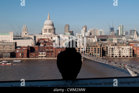 Un feral pigeon posatoi in silhouette su un balcone a Tate Modern, con lo skyline di Londra tra cui la Cattedrale di St Paul e dietro di esso. Foto Stock