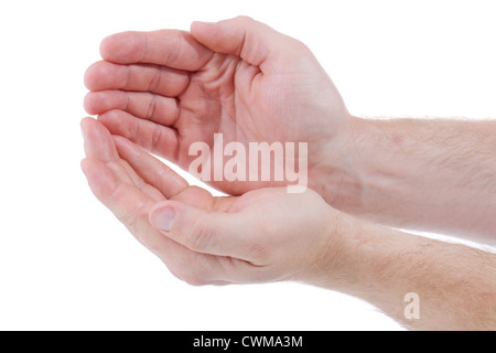 Coppia di mani coppettazione gesto isolato in uno sfondo bianco, concept per la protezione e la cura Foto Stock