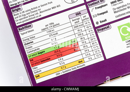 Gli ingredienti e le informazioni nutrizionali su imballaggi alimentari Foto Stock