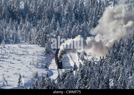 Treno a vapore Equitazione il Brocken ferrovia a scartamento ridotto linea nella neve in inverno presso il Parco Nazionale di Harz, Sassonia-Anhalt, Germania Foto Stock