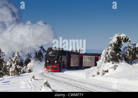 Treno a vapore Equitazione il Brocken ferrovia a scartamento ridotto linea nella neve in inverno presso il Parco Nazionale di Harz, Sassonia-Anhalt, Germania Foto Stock