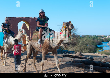 I turisti a cavallo di cammelli Gharb Soheil Nubian Village sulla sponda ovest del Nilo vicino a Aswan Egitto Foto Stock