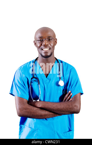 Giovane africano medico americano isolato su bianco Foto Stock