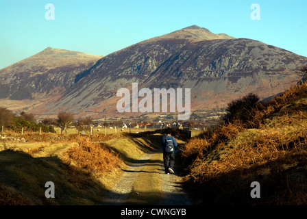 Walker su Llyn sentiero costiero, Trefor, Lleyn Peninsula vicino a Caernarfon, Gwynedd, il Galles del Nord. Foto Stock