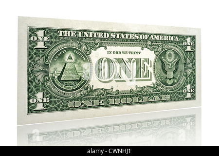 One-dollaro, una singola banconota del dollaro, retro, isolata su 100% sfondo bianco Foto Stock