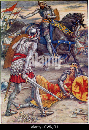 Sir Bors bussato Arthur dal suo cavallo e stava per ucciderlo quando Lancelot, benché egli alleati con Bors, lo ferma. Foto Stock