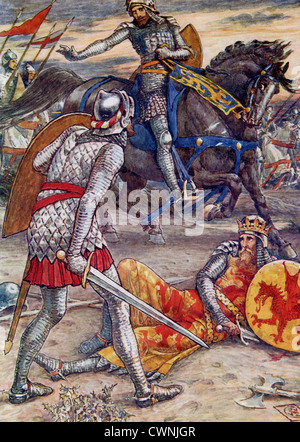 Sir Bors bussato Arthur dal suo cavallo e stava per ucciderlo quando Lancelot, benché egli alleati con Bors, lo ferma. Foto Stock