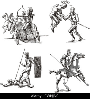 Antico romano gladiatori. Set di bianco e nero disegno vettoriale illustrazioni. Foto Stock