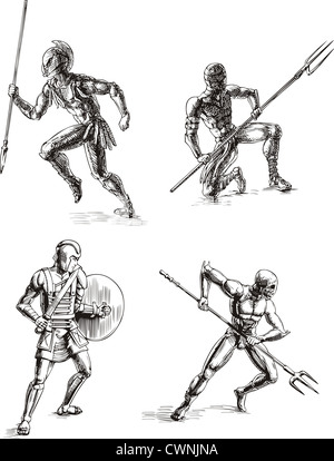 Antico romano gladiatori. Set di bianco e nero disegno vettoriale illustrazioni. Foto Stock