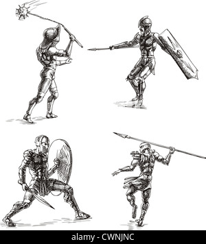 Antico romano gladiatori. Set di bianco e nero disegno vettoriale illustrazioni. Foto Stock