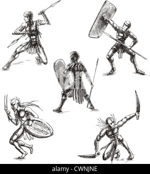 Antico romano gladiatori. Set di bianco e nero disegno vettoriale illustrazioni. Foto Stock