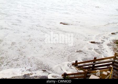 Le onde infrangersi sulla riva allagando le scale ad alta marea sulla Spiaggia Carmel , California. Foto Stock