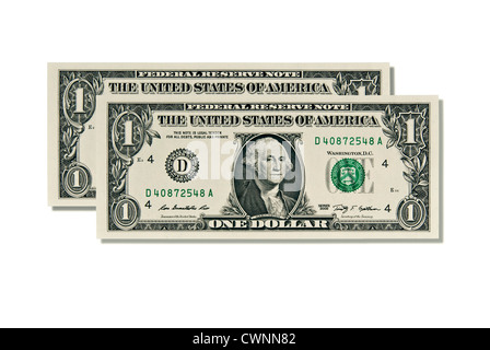 Due uno-dollar-fatture, due dollari, 2 dollari, le fatture del dollaro, isolata su 100% sfondo bianco Foto Stock
