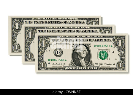 Tre di un dollaro-fatture, tre dollar, 3 dollaro USA, le fatture del dollaro, isolata su 100% sfondo bianco Foto Stock