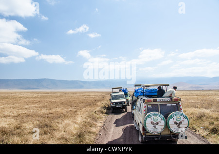 CRATERE DI NGORONGORO, Tanzania - i veicoli safari si fermarono per osservare la vita selvaggia al cratere di Ngorongoro nella Ngorongoro Conservation area, parte del circuito settentrionale di parchi nazionali e riserve naturali della Tanzania. Foto Stock