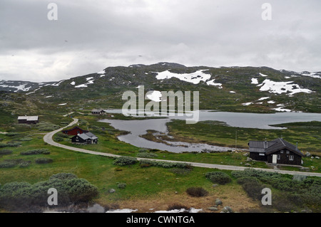 Case sull'altopiano della Finse visto dalla ferrovia Oslo-Bergen in estate. Foto Stock