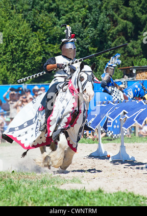 Cavaliere in costume storico sul cavallo Foto Stock