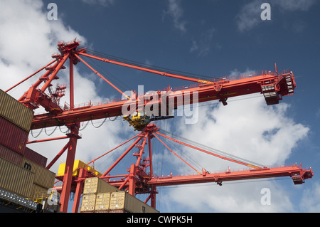 Gru e portali che il carico e lo scarico di navi container nel porto di Melbourne, Australia Foto Stock