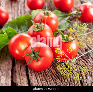 Pomodori, cucinati con erbe per la conservazione del vecchio tavolo in legno. Foto Stock