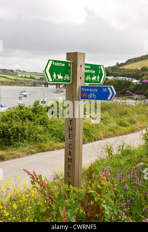 Segno indicatore di direzione post sul cammello sentiero percorso ciclabile a Padstow Cornwall Inghilterra England Regno Unito. Foto Stock