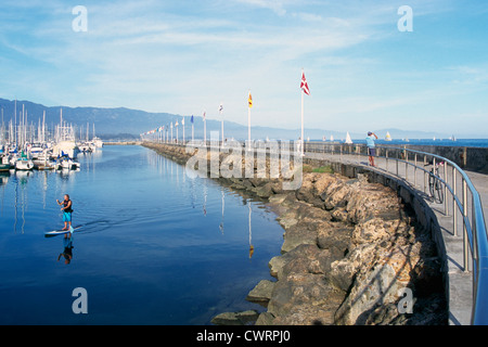 Santa Barbara, California, Stati Uniti d'America - frangionde proteggere le barche e Stand Up Paddle Imbarco in acqua calma di Santa Barbara Porto Foto Stock