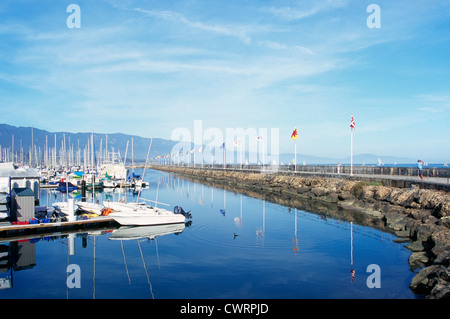 Santa Barbara, California, Stati Uniti d'America - frangionde proteggere imbarcazioni a Santa Barbara Porto e Marina Foto Stock