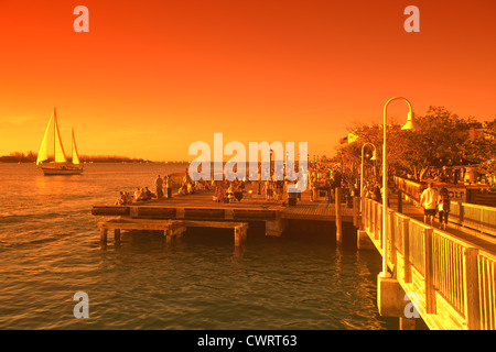 I turisti a guardare il tramonto Mallory Square centro storico quartiere storico di Key West Florida USA Foto Stock