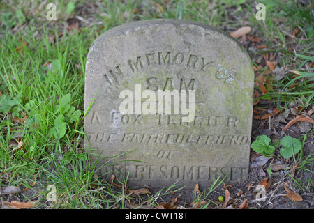 La Sam, Fox Terrior cane lapide nel cimitero di Pet, Priory Park, Reigate, Surrey, England, Regno Unito Foto Stock