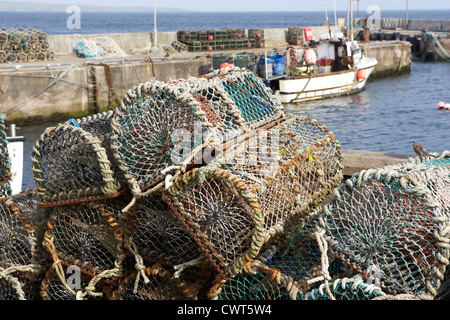 Vecchia aragosta bicchieri impilati fino a John O'semole harbour Scotland Regno Unito Foto Stock