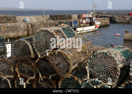 Vecchia aragosta bicchieri impilati fino a John O'semole harbour Scotland Regno Unito Foto Stock