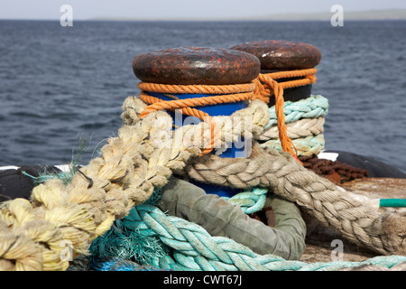 Funi di ormeggio sul vecchio porto di metallo bollard Scotland Regno Unito Foto Stock